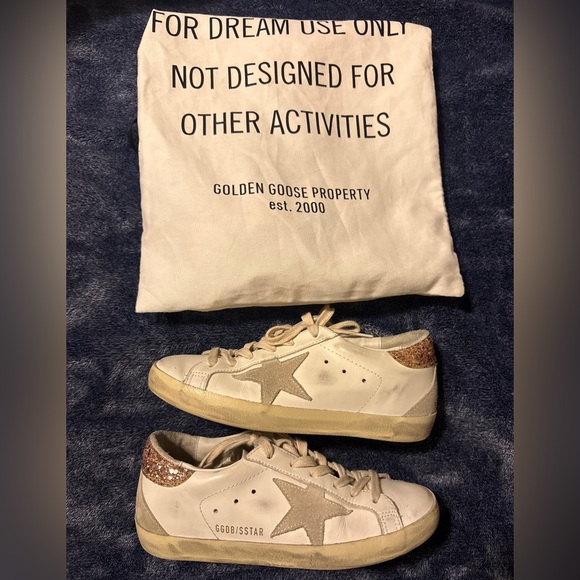 Golden Goose Cream and Gold Glitter Sneakers